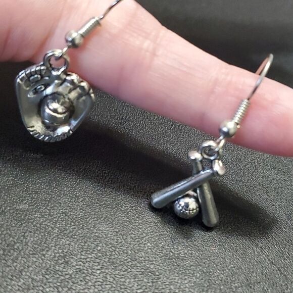 Silver tone baseball themed dangling earrings - Picture 8 of 10